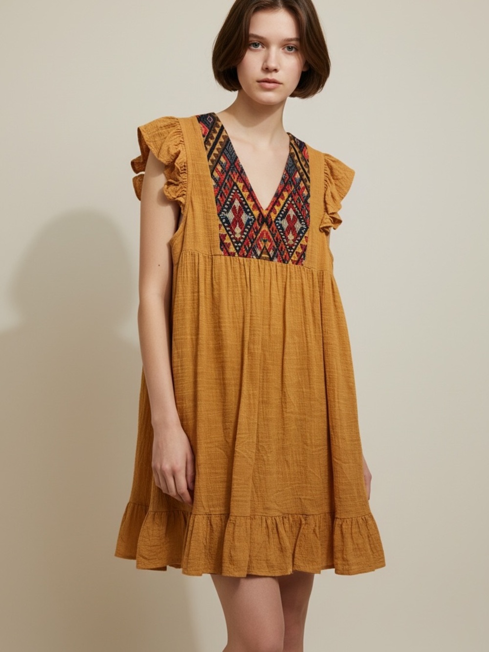 THML Mustard V-Neck Embroidered Ruffle Mini Dress
